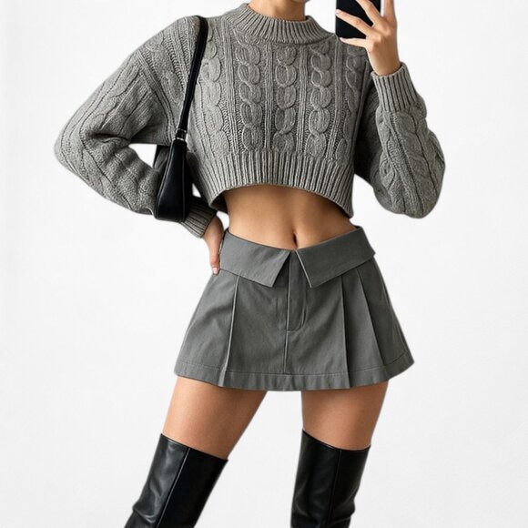 Gray Mid Rise Pleated Flared Skater Mini Skirt Skort Size S - Picture 1 of 6